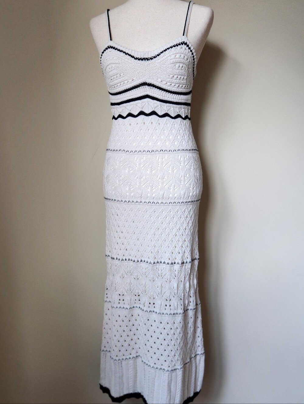 Olive Oak Crochet Knit Maxi Dress Ivory White Black Trim Boho Sleeveless M